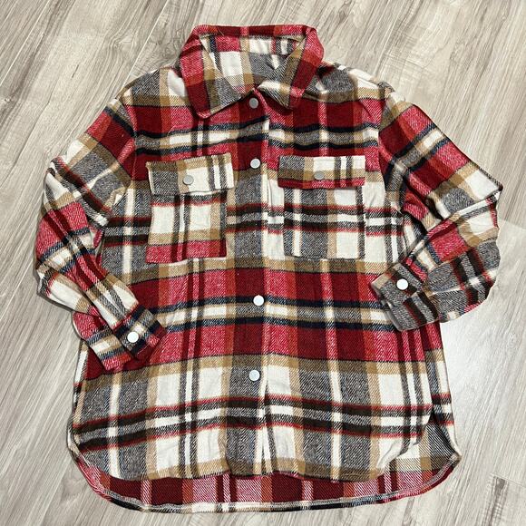 Womens Red Plaid Shacket/Jacket Lapel Coat Button Down Long Sleeve Shacket M - Picture 2 of 12